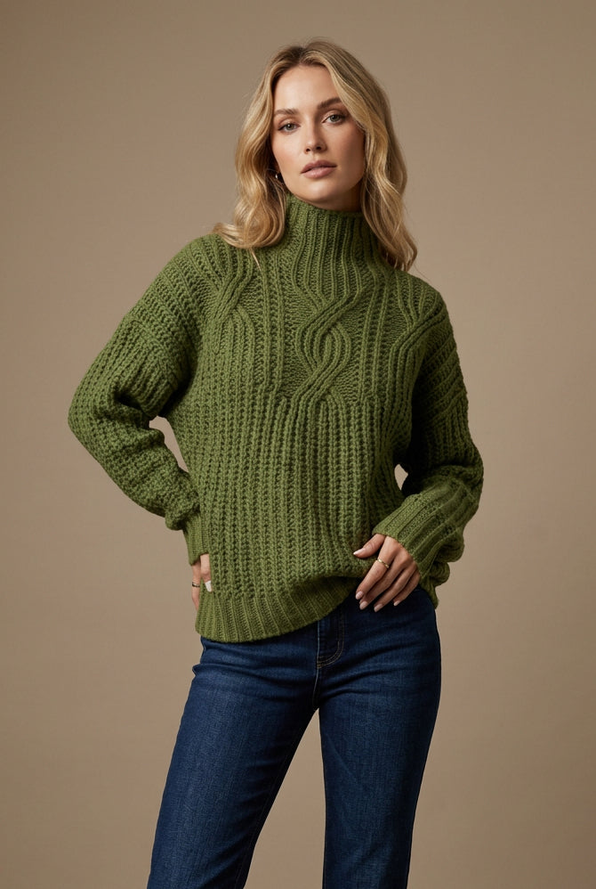 Women's High Neck Sweater – Twisted Knit Relaxed Fit