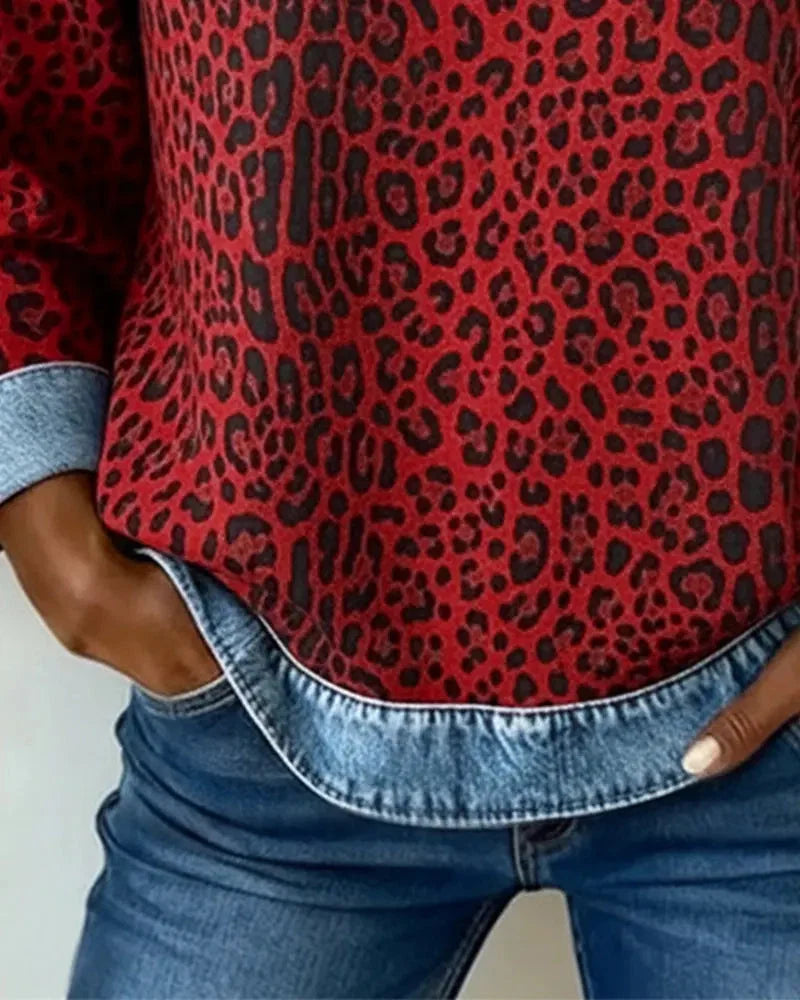 Women's Patchwork Sweatshirt – Embossed Floral Crew Neck