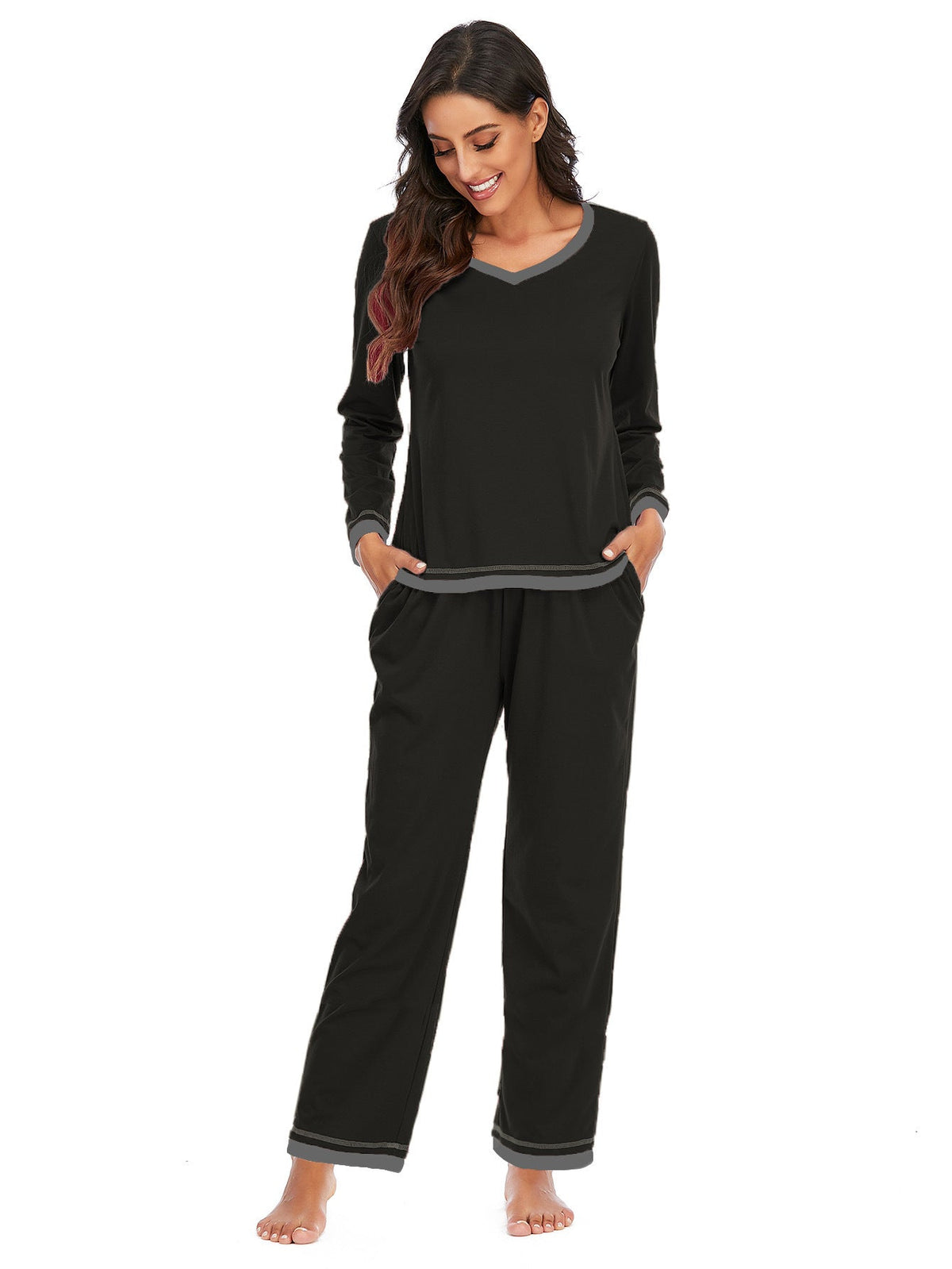 Women's Cotton Pajama Set – Long Sleeve V-Neck