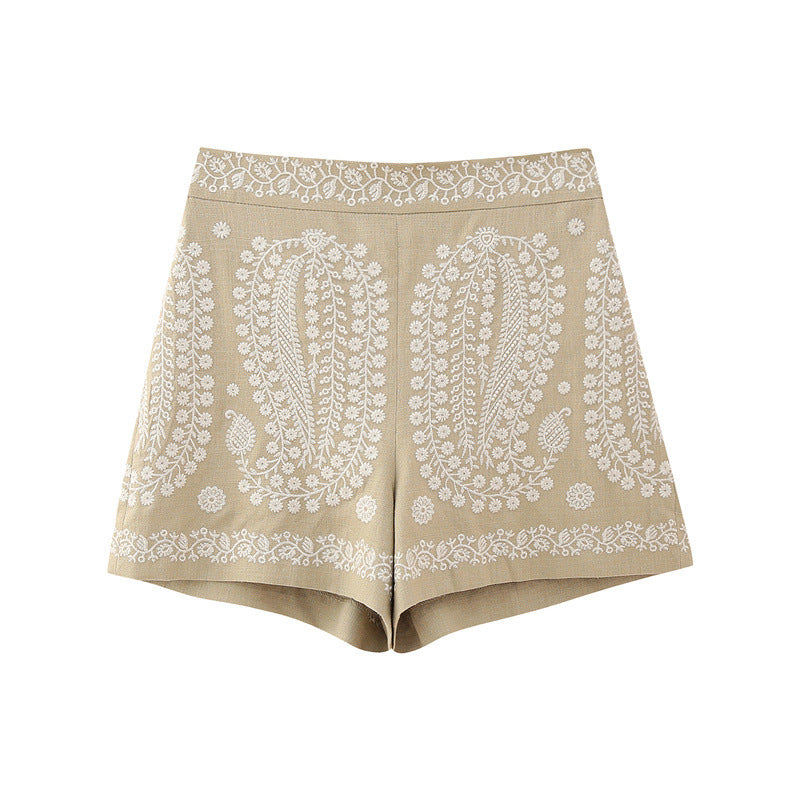 Women's Wide-Leg A-Line Shorts – High-Waisted Embroidered