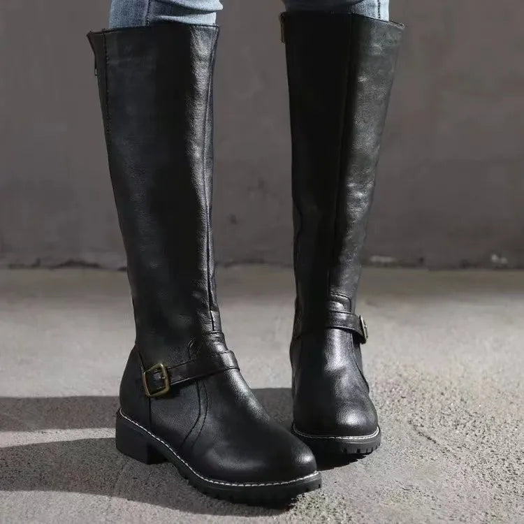 Women's Block Heel Boots – Mid-Calf Strap Detail