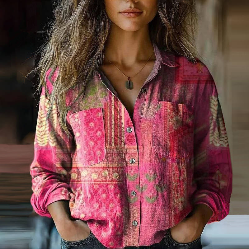 Women's Linen-Look Top – Relaxed Long Sleeve