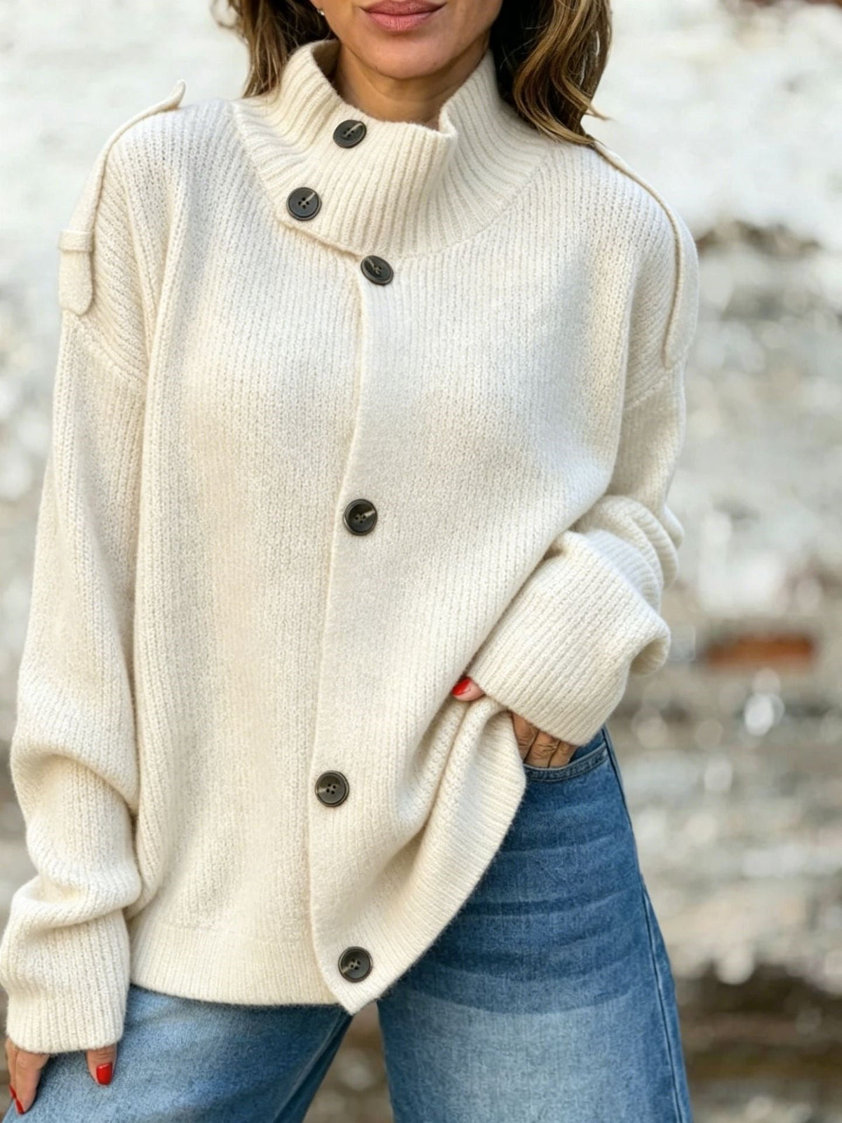 Women's Turtleneck Knit Cardigan – Hip-Length Button Front