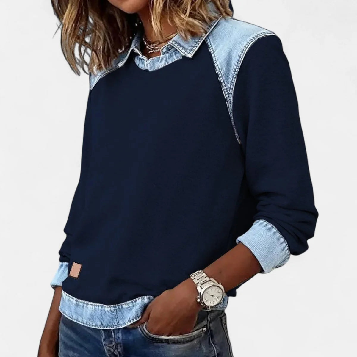 Women's Raglan Knit Sweater – Denim-Look Collar
