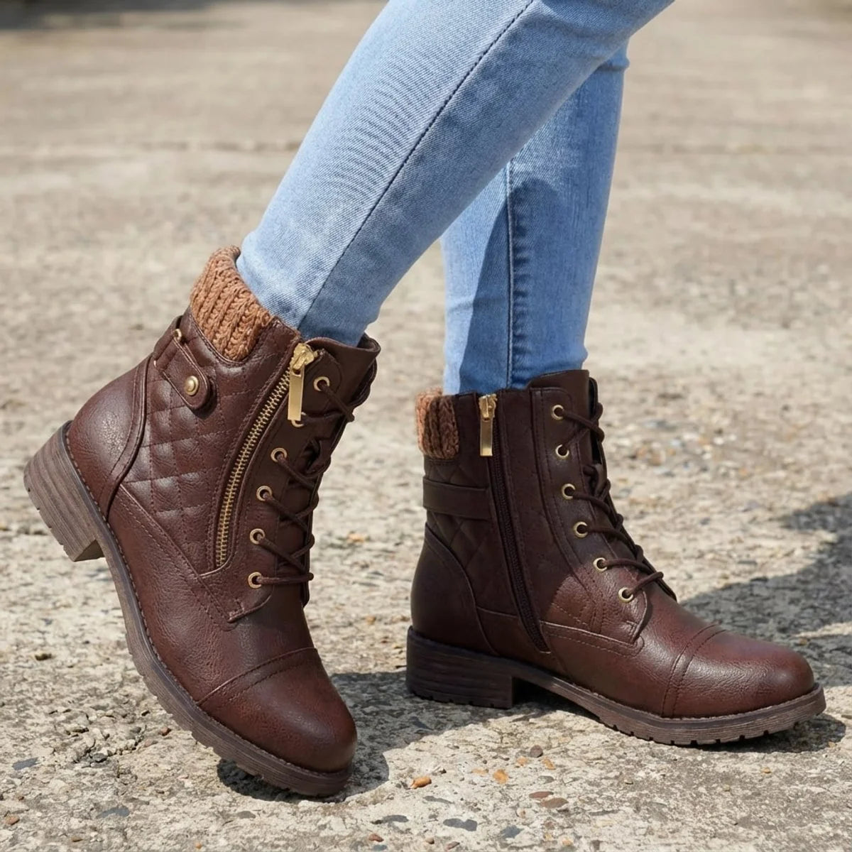 Women's Lace-Up Ankle Boots – Side Zip Block Heel