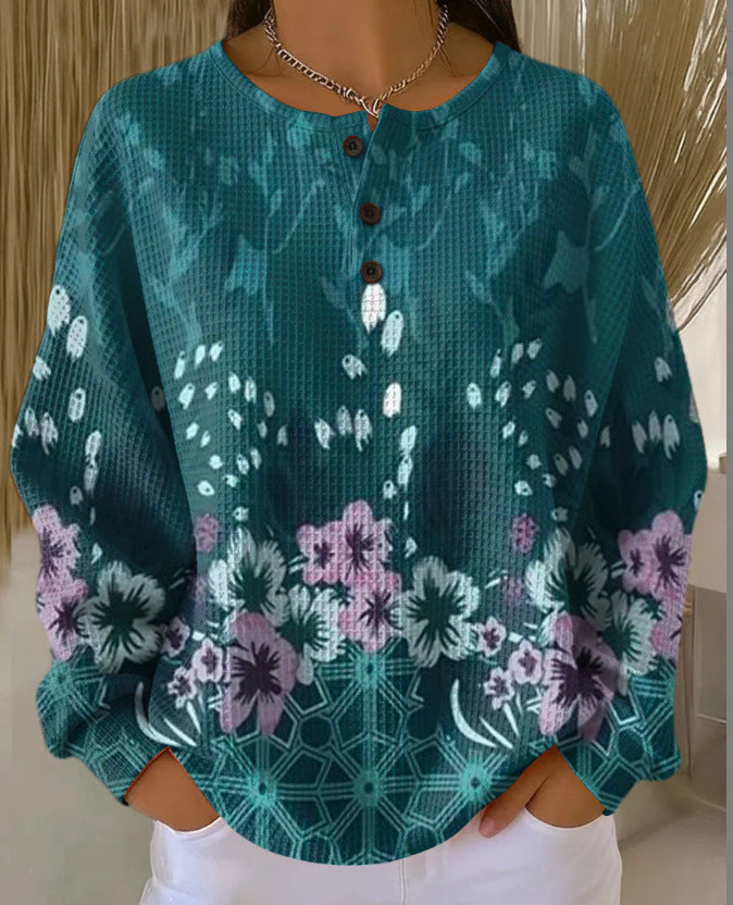 Women's Printed Hoodie – Buttoned Neckline Relaxed Fit