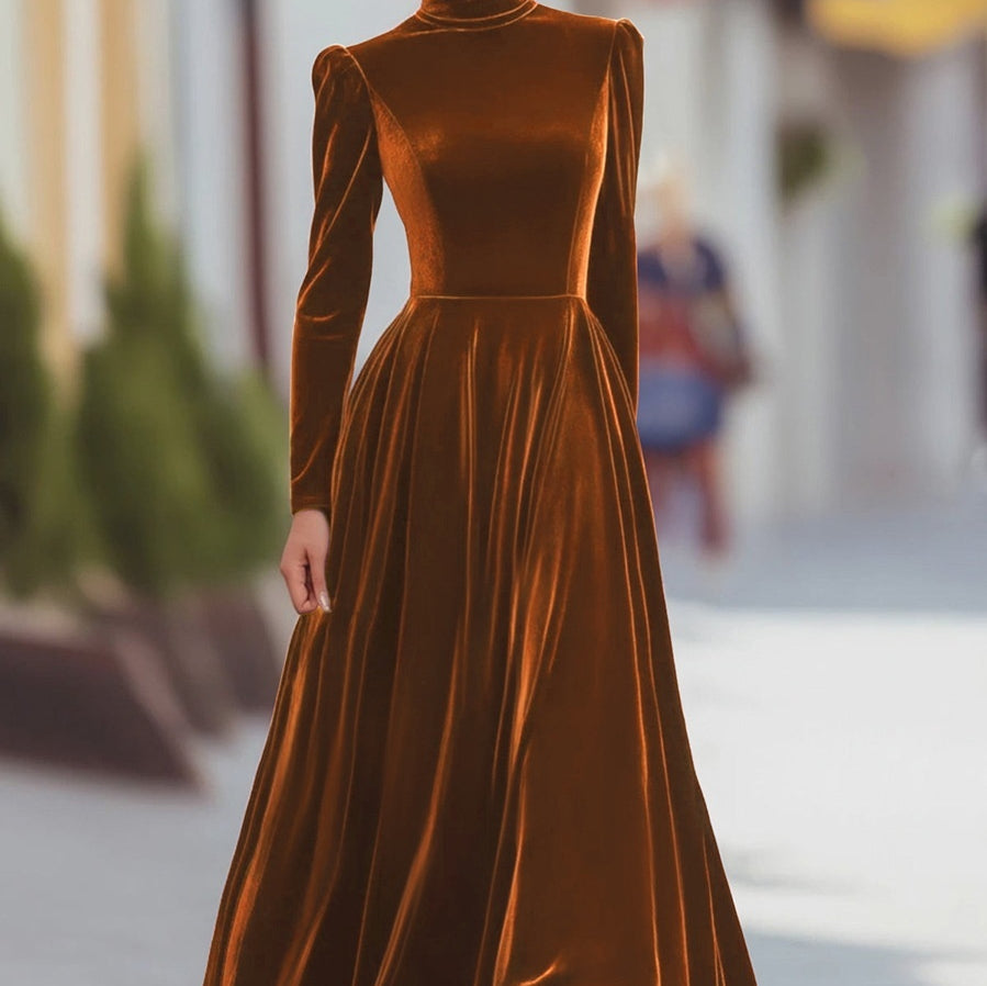 Women's High-Neck Maxi Dress – Puff Sleeve Flared Skirt