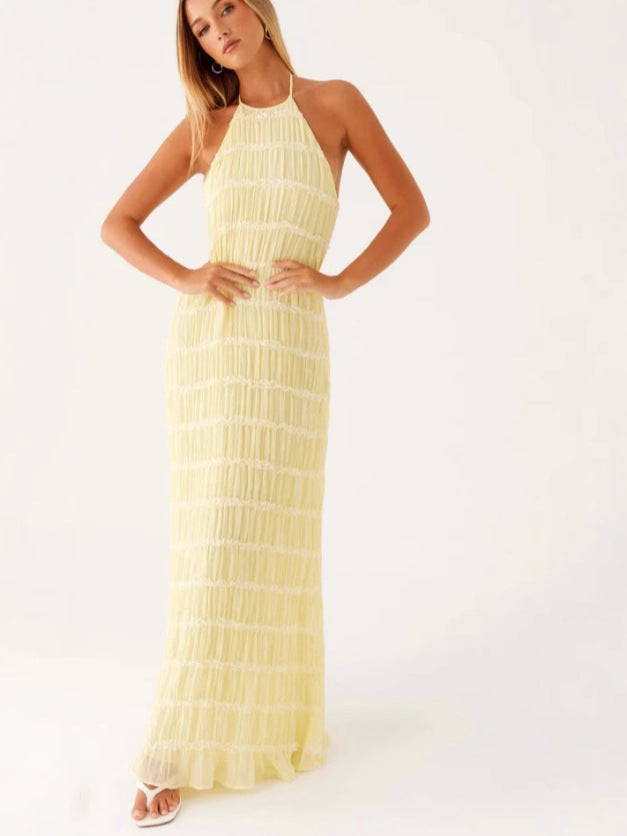 Women's Pleated Halter Maxi Dress – Textured Stripe Open Back