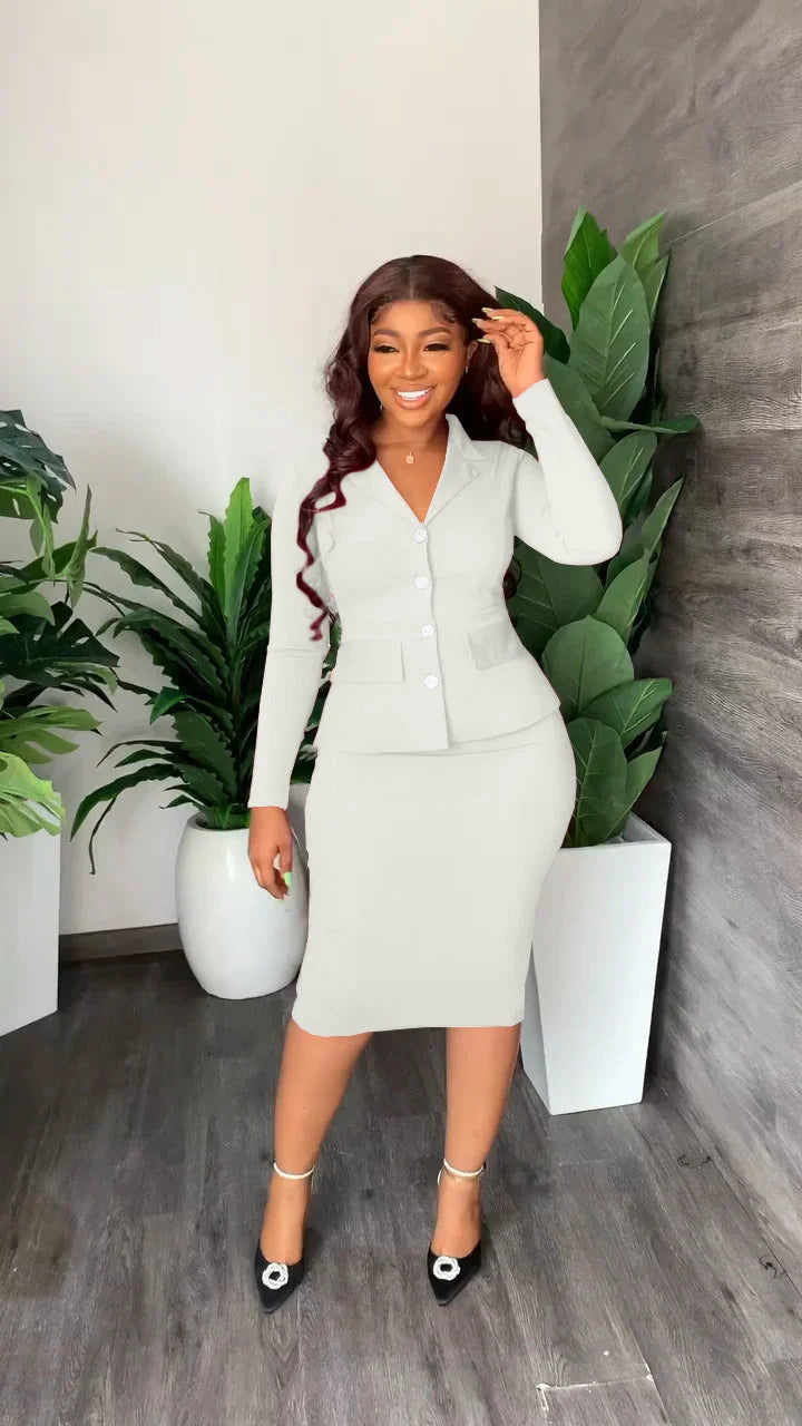 Women's Blazer and Midi Skirt Set – Shirt Collar Tailored