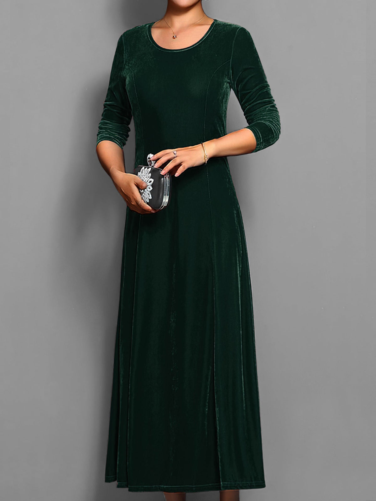 Women's Velvet Maxi Dress – A-Line Three-Quarter Sleeve