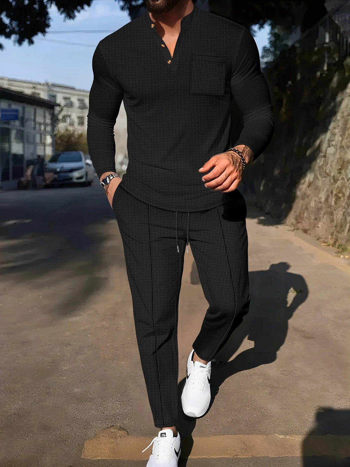 Men's Waffle-Knit Two-Piece Set – Henley and Drawstring Pants