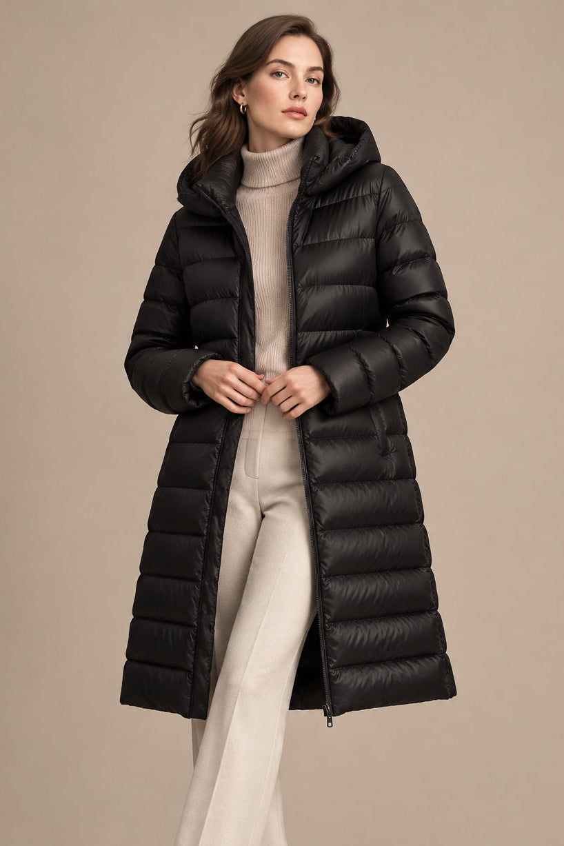 Women's Down Hooded Jacket – Slim Mid-Length Fit