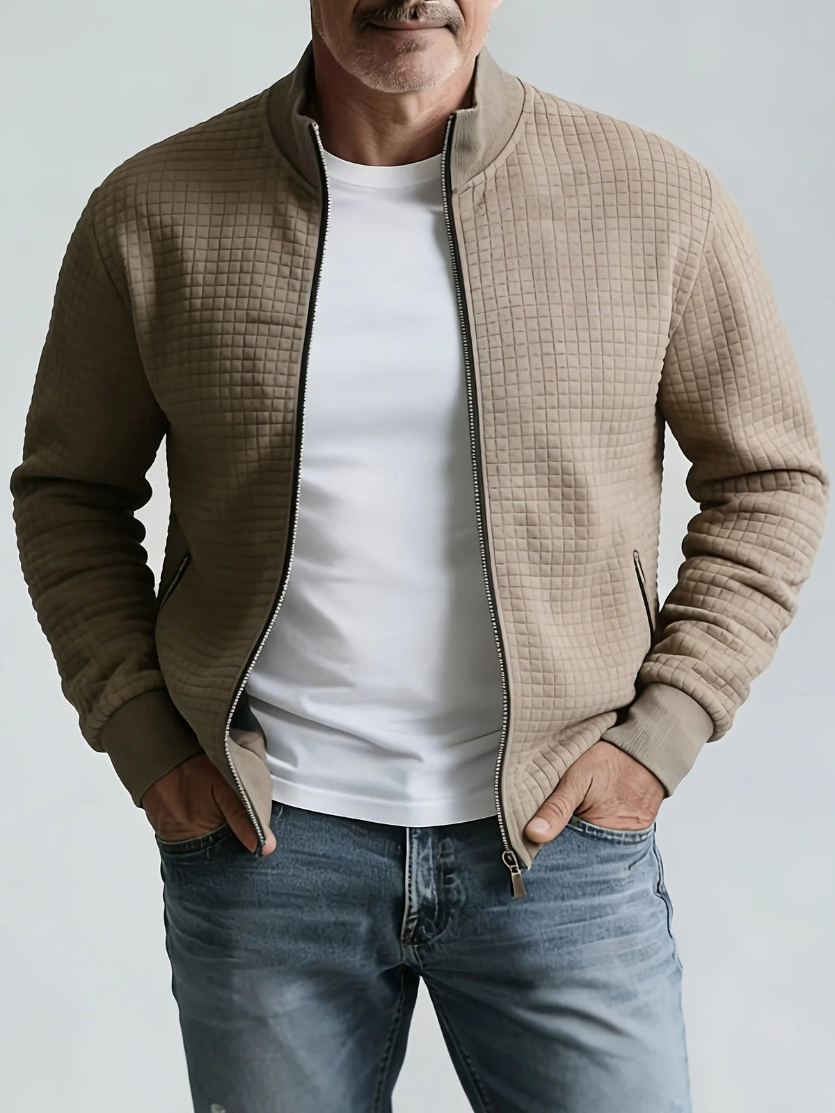 Men's Jacquard Zip-Up Jacket – Stand Collar Sporty Fit