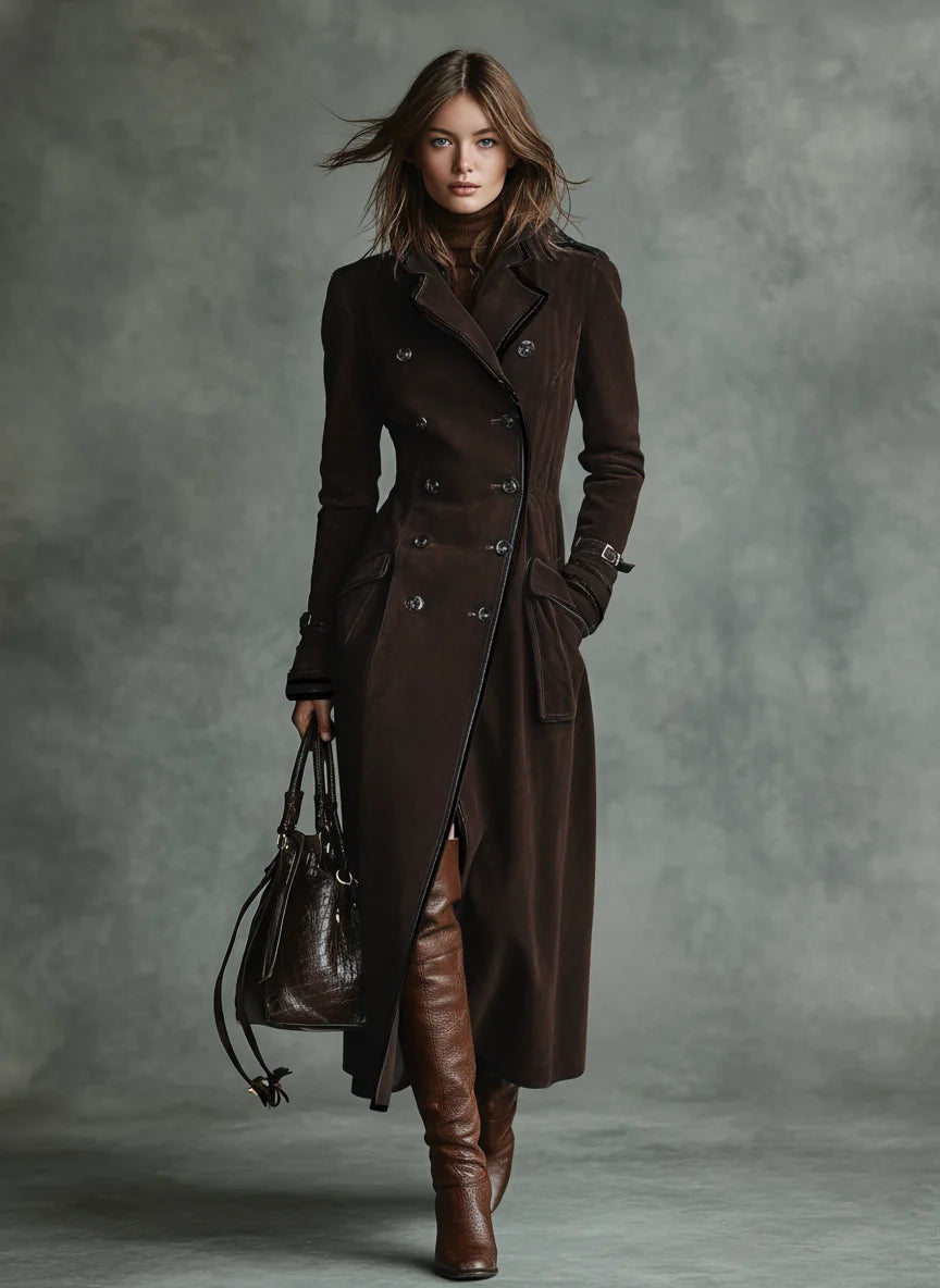 Women's Faux Suede Long Coat – Double-Breasted Belted