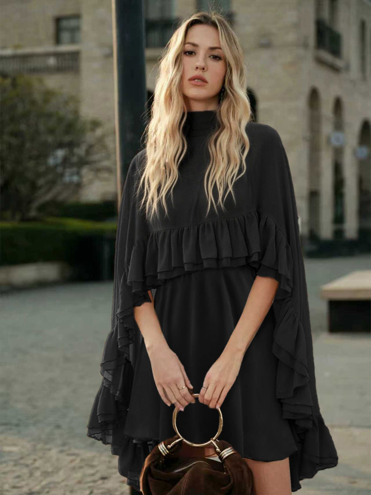 Women's Chiffon Midi Dress – Ruffle Trim Relaxed Fit