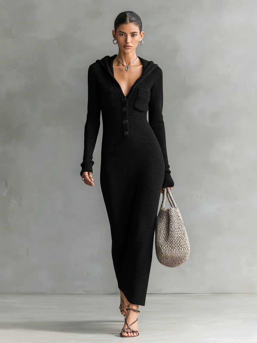 Women's Hooded Knit Maxi Dress – Slim Long Sleeve
