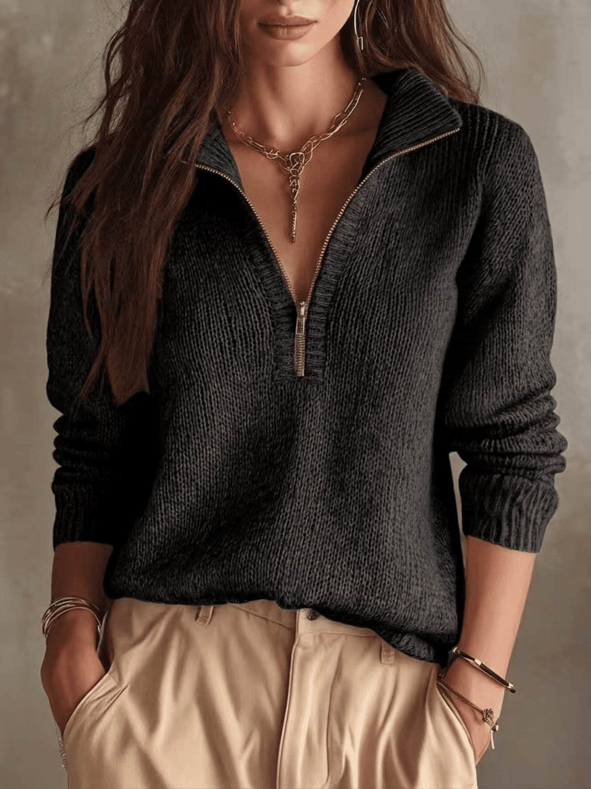 Women's Half-Zip Knit Sweater – Relaxed High Neck
