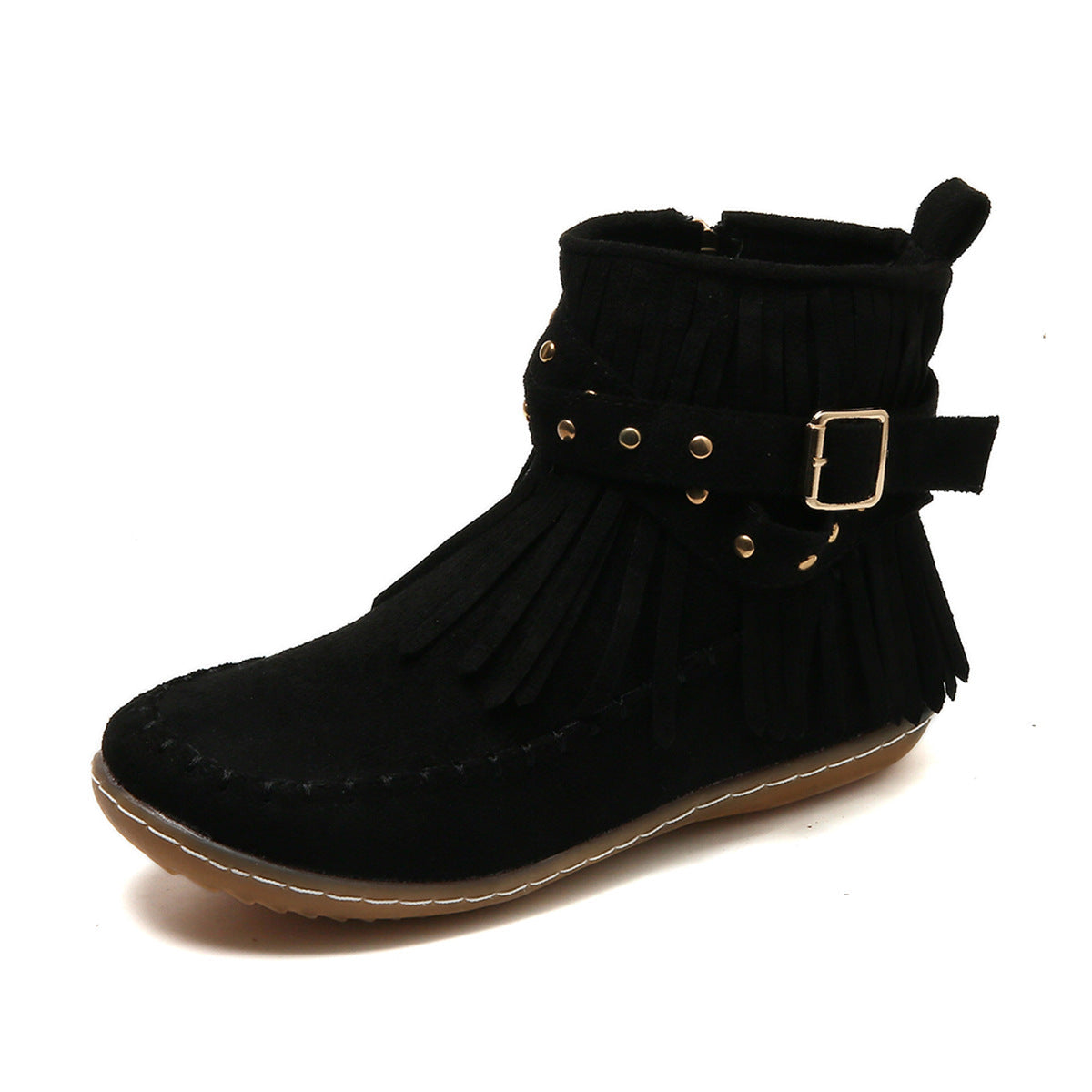 Women's Suede Ankle Boot – Fringe Trim Flat Heel