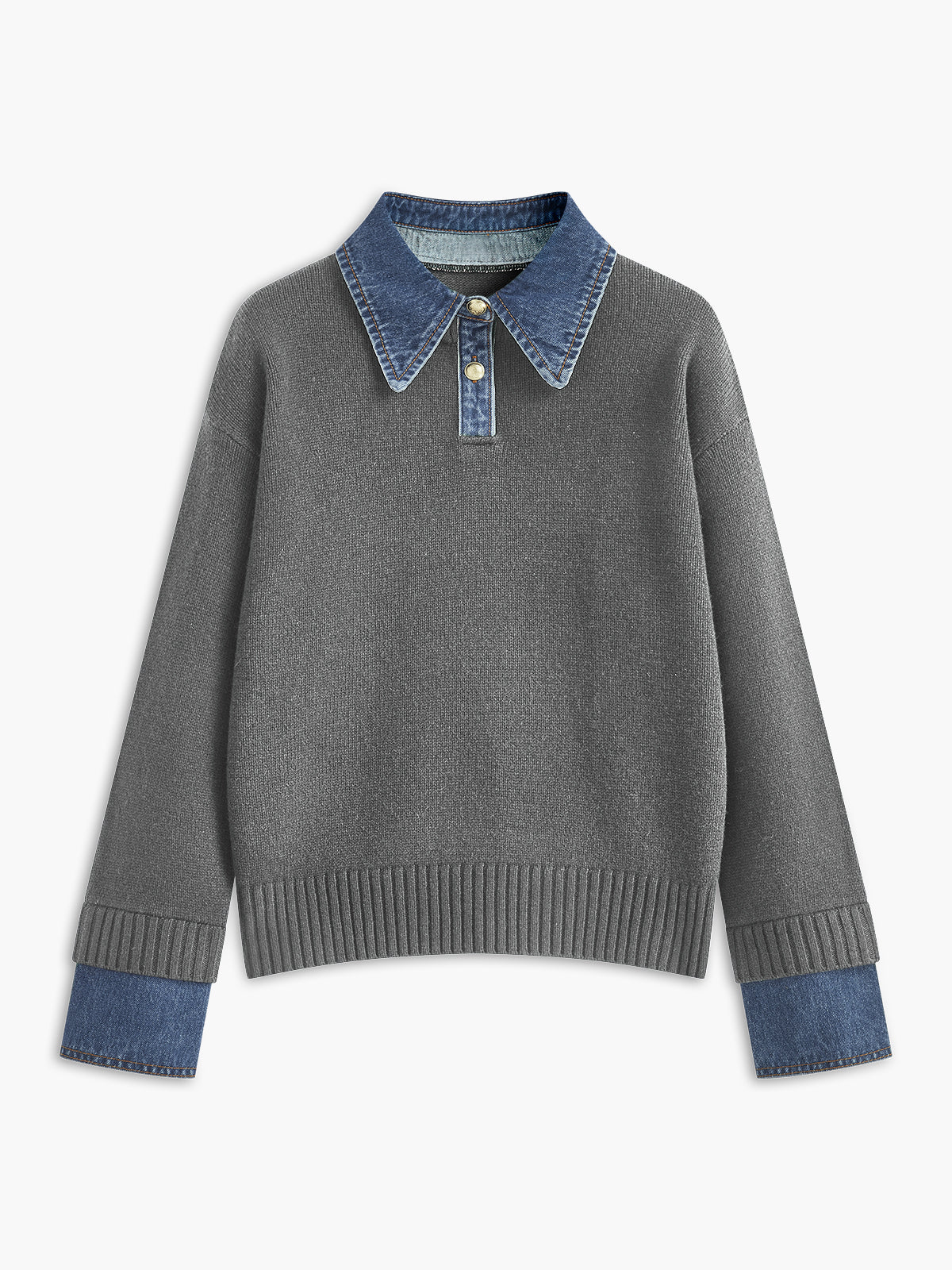Women's Layered-Look Knit Sweater – Denim-Style Shirt Collar