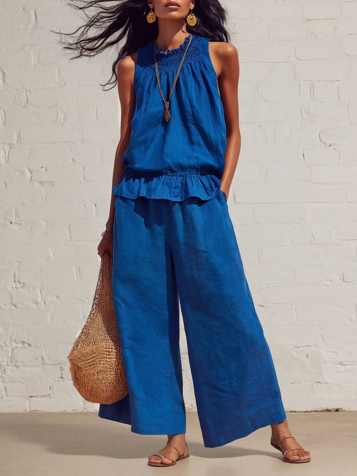 Women's Two-Piece Set – Ruffle Vest & Straight Pants