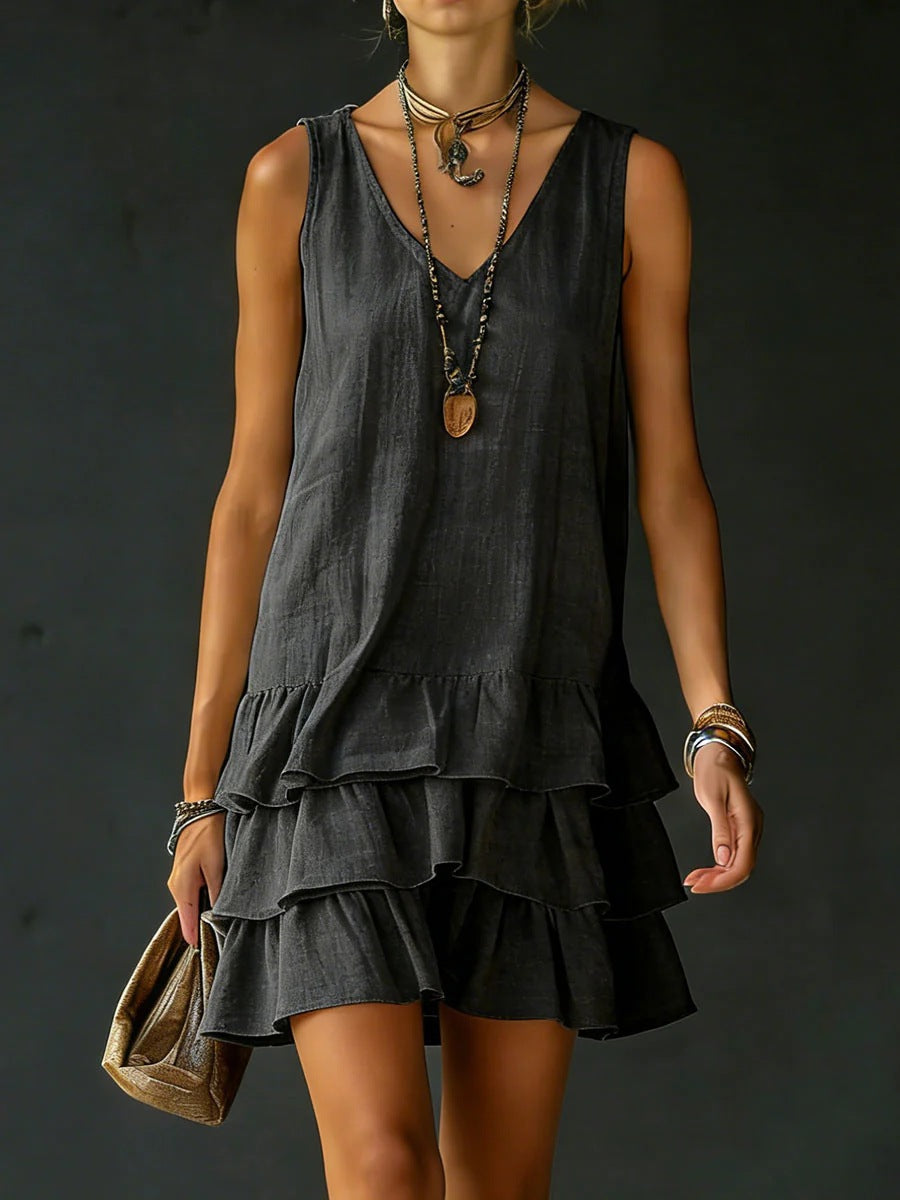 Women's Sleeveless Mini Dress – Tiered Ruffle Hem