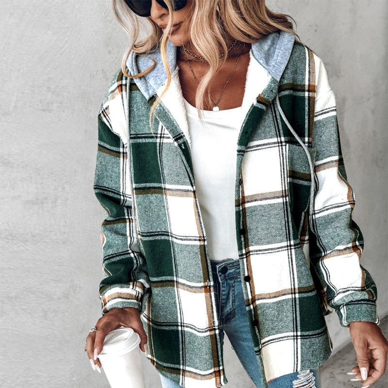 Women's Hooded Plaid Jacket – Relaxed Button Front