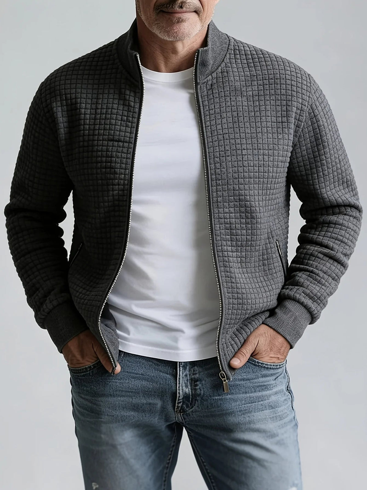 Men's Jacquard Zip-Up Jacket – Stand Collar Sporty Fit