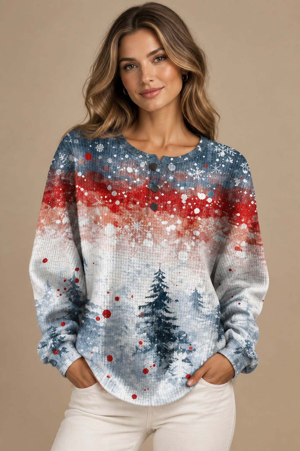 Women's Printed Hoodie – Buttoned Neckline Relaxed Fit
