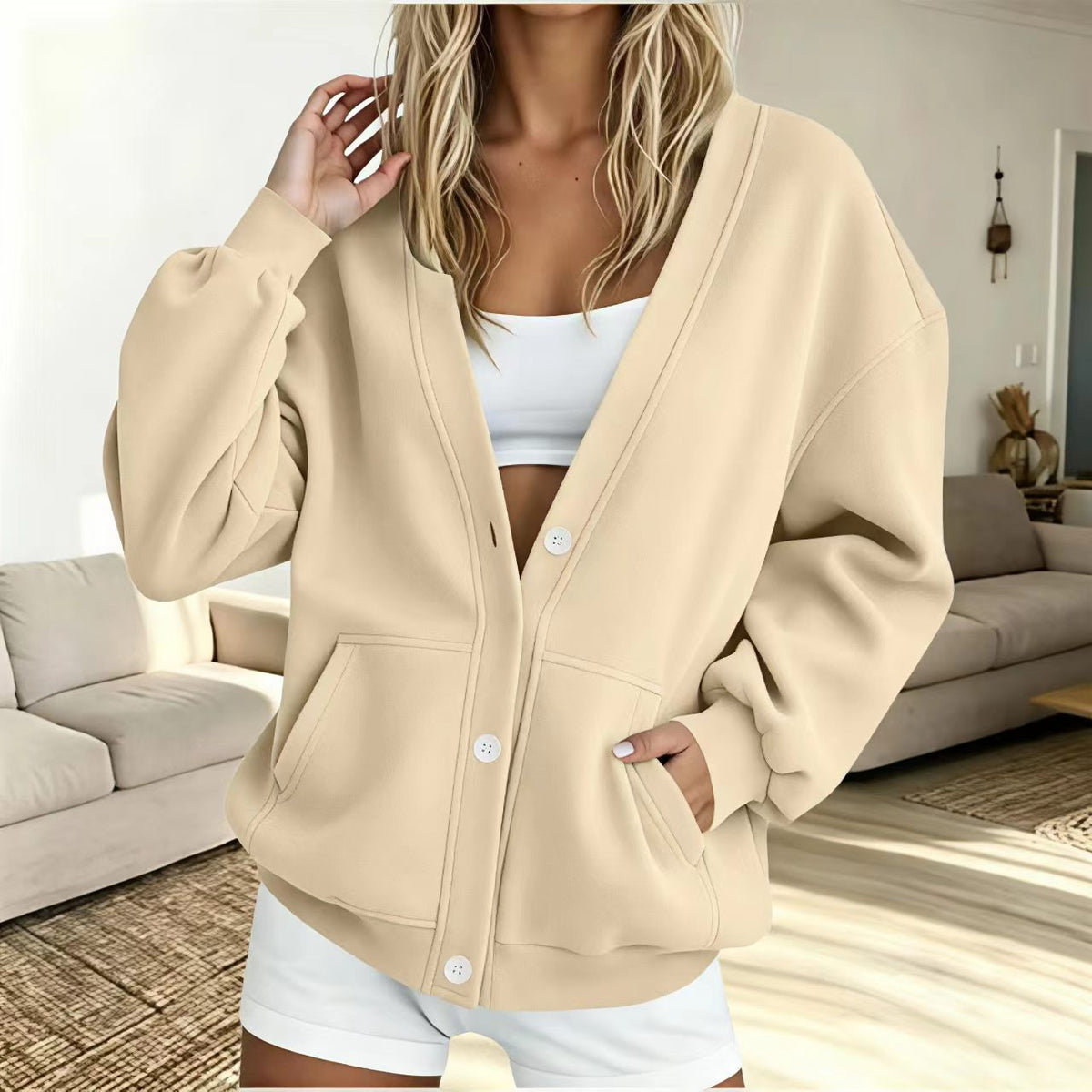 Women's Fleece Cardigan – Button Front Relaxed Fit
