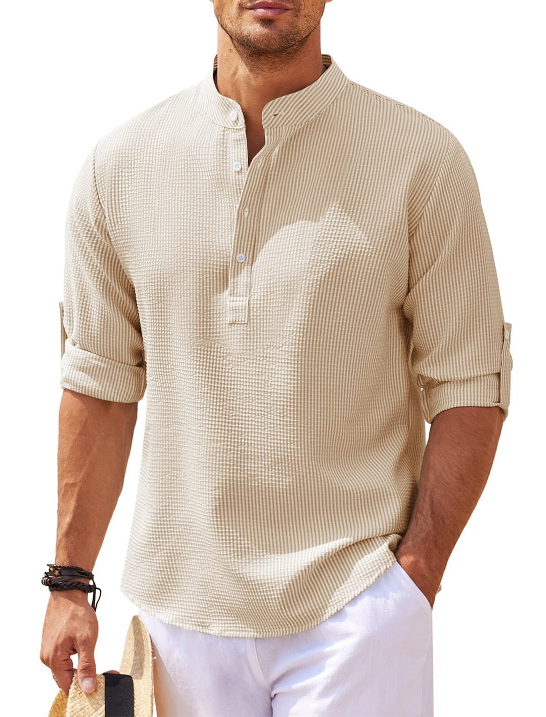 Men's Textured Button-Up Shirt – Stand Collar Regular Fit