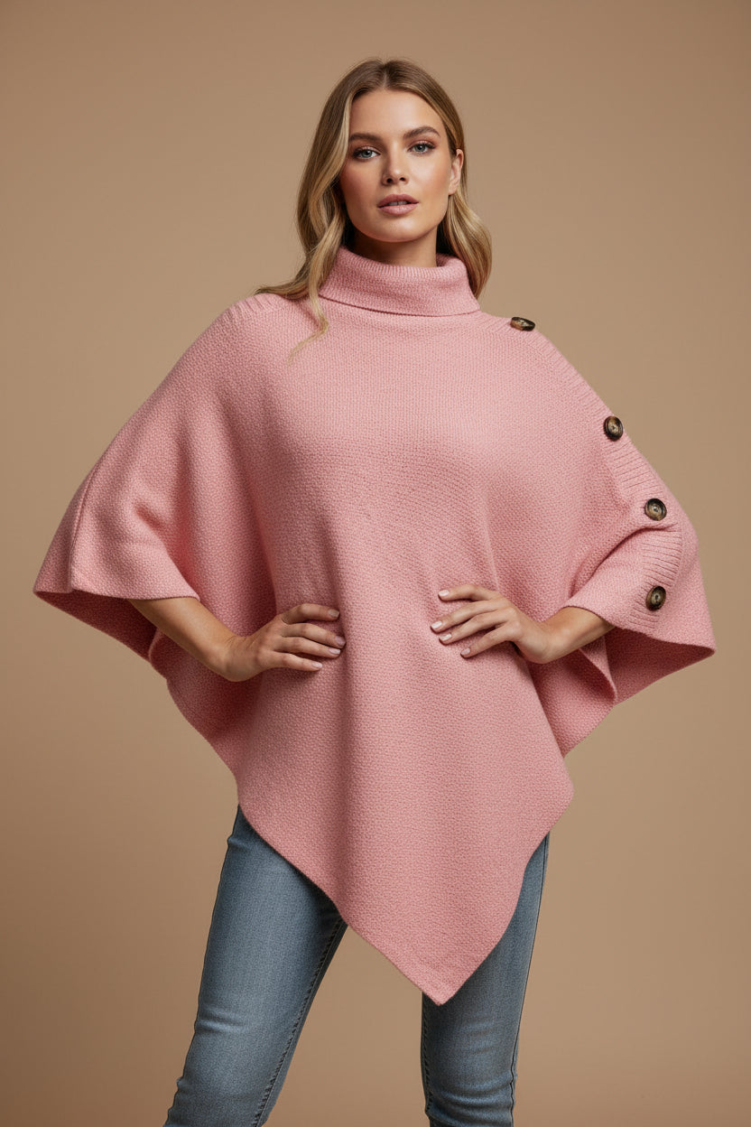 Women's Cape Sweater – Turtleneck Button Sleeve