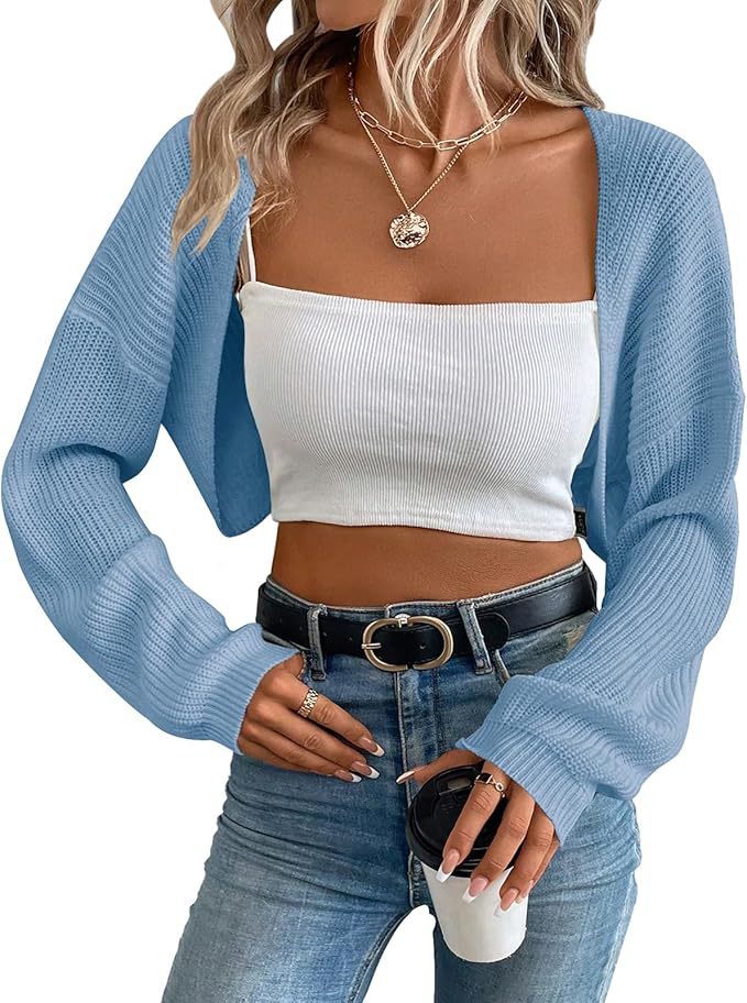 Women's Cropped Knit Cardigan – Ribbed Shawl Open Front