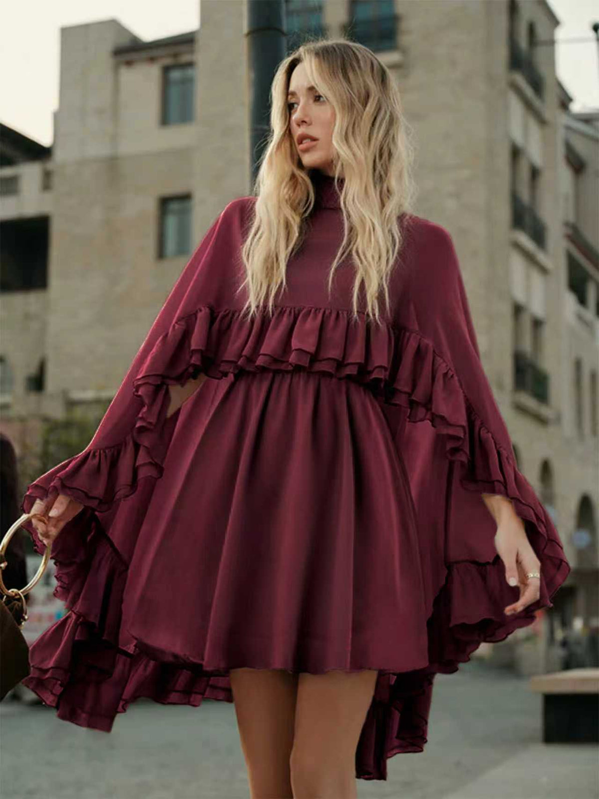 Women's Chiffon Midi Dress – Ruffle Trim Relaxed Fit
