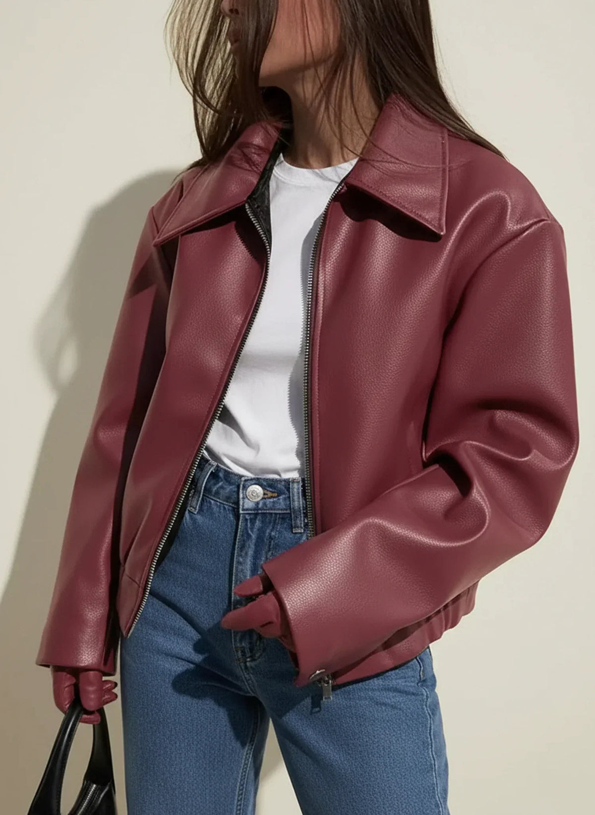 Women's Leather-Look Jacket – Relaxed Zip-Front Fit