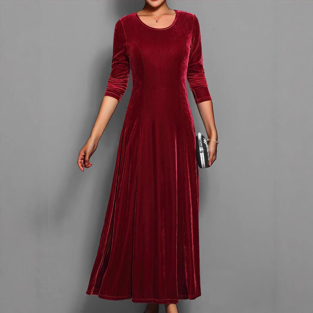 Women's Velvet Maxi Dress – A-Line Three-Quarter Sleeve