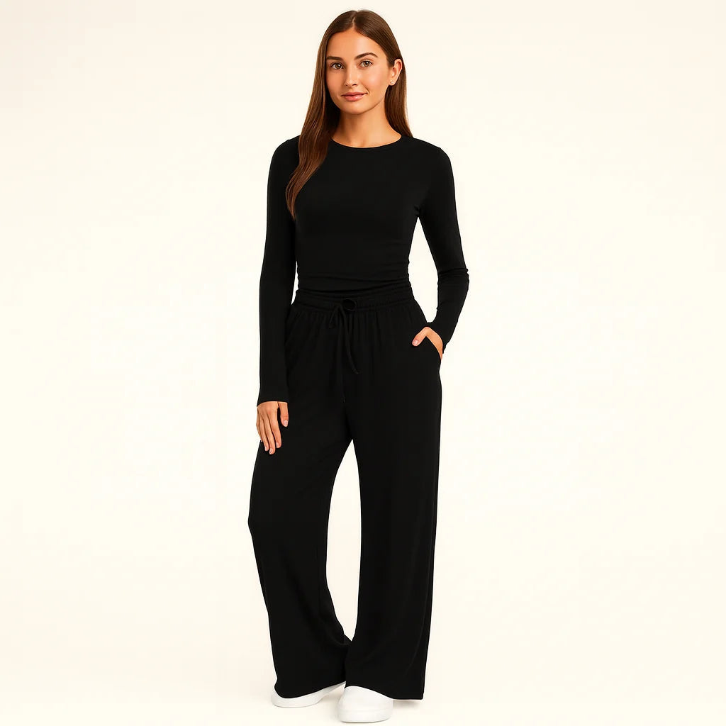 Women's Two-Piece Set – Wide-Leg Pants & Long-Sleeve Top