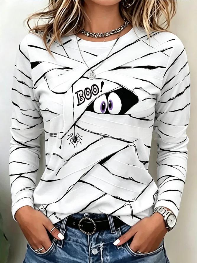 Women's Printed Long-Sleeve Top – Relaxed Crew Neck