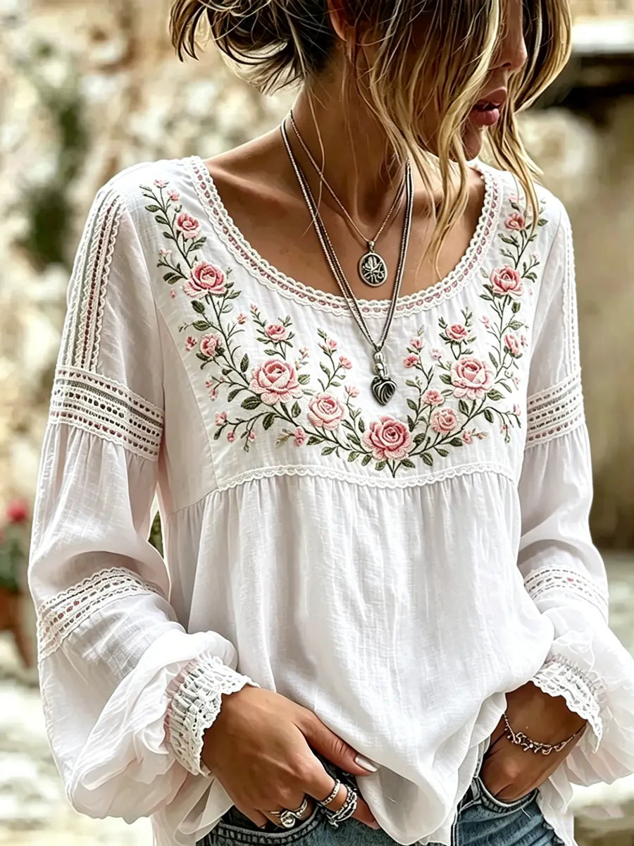 Women's Embroidered Linen-Blend Blouse – Relaxed Long Sleeve