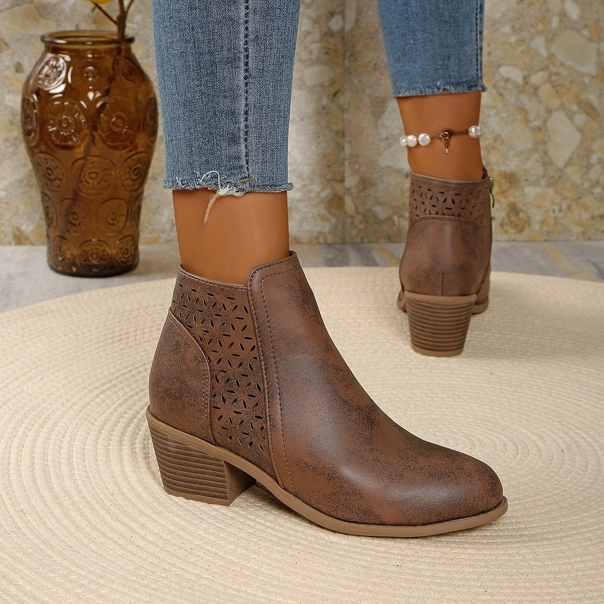 Women's Ankle Boot – Cutout Detail Block Heel