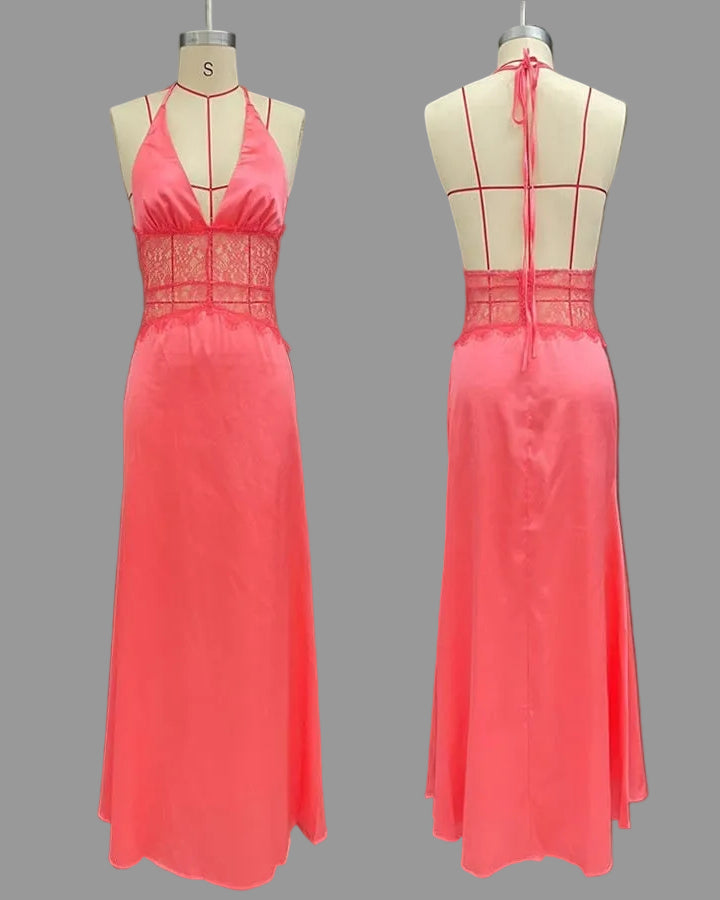 Women's Satin Halter Maxi Dress – Open Back V-Slit