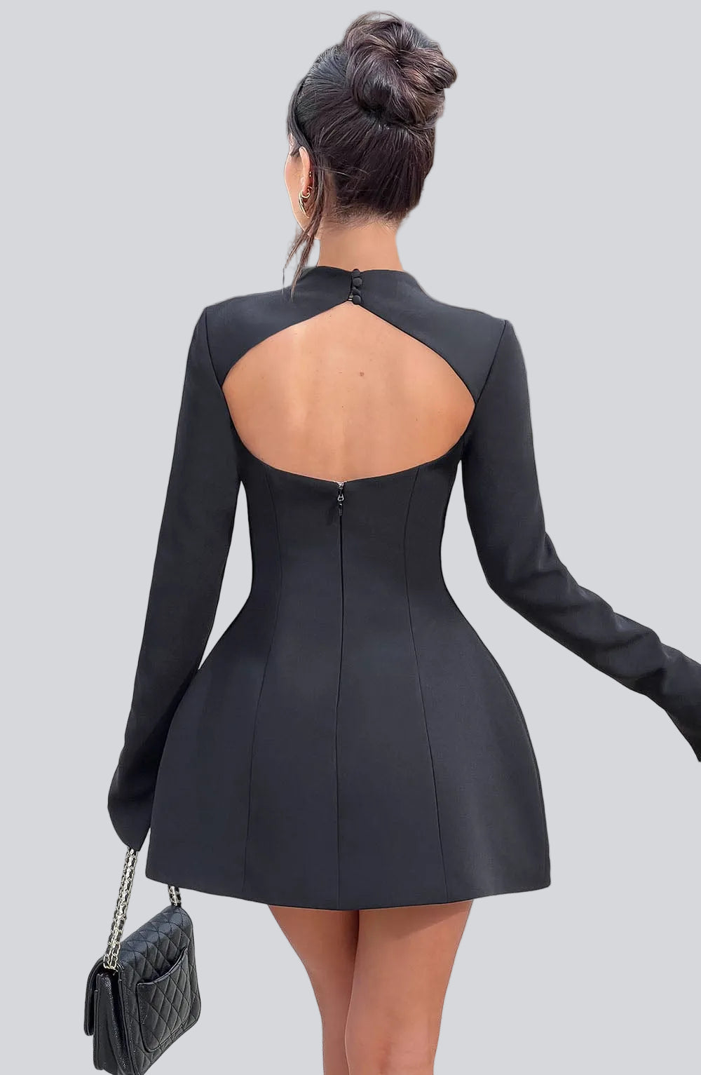 Women's Long Sleeve A-Line Mini Dress – Open Back Detail