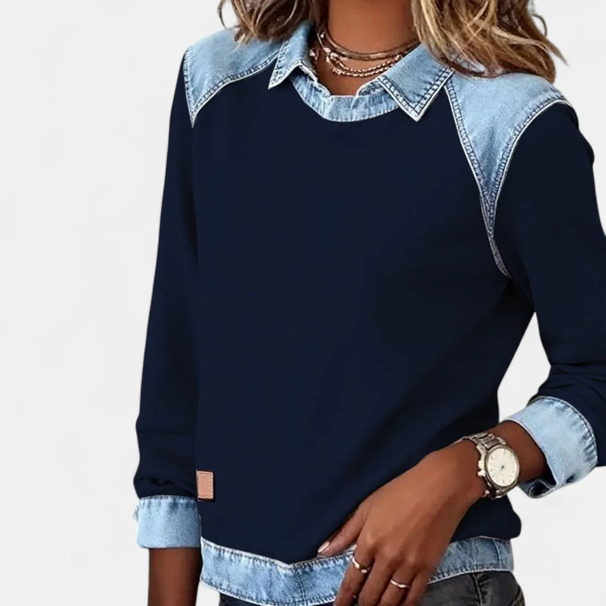 Women's Raglan Knit Sweater – Denim-Look Collar
