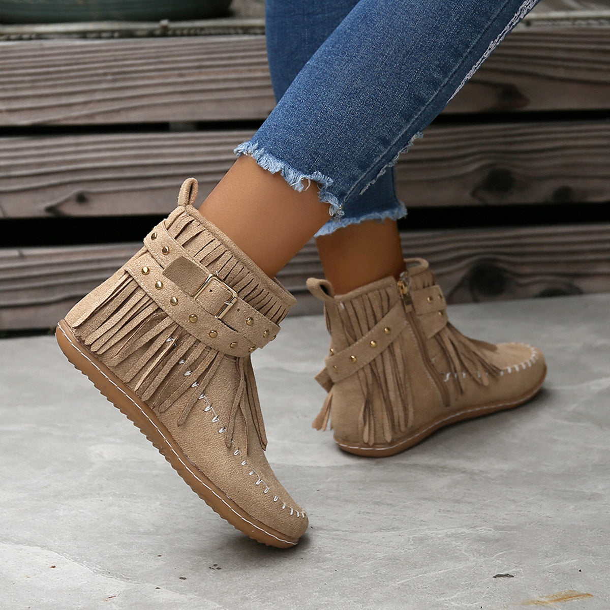 Women's Suede Ankle Boot – Fringe Trim Flat Heel