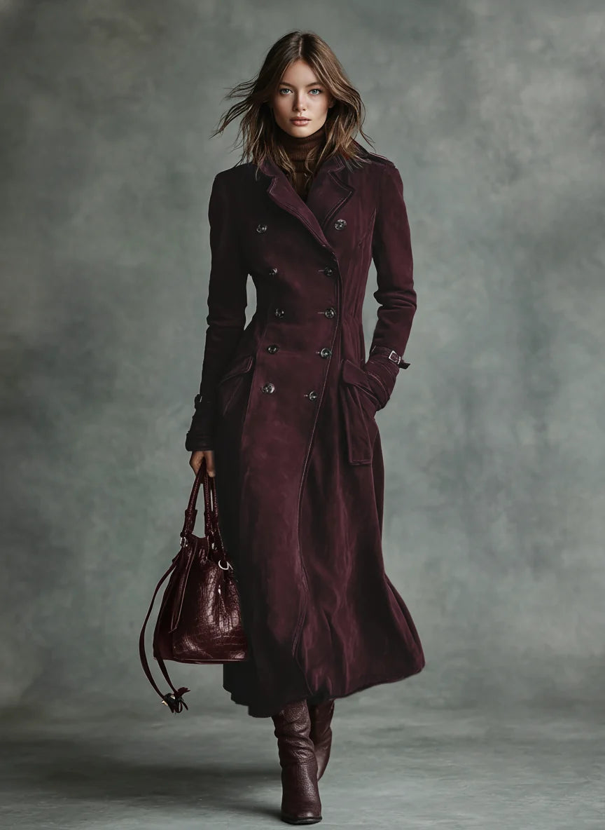 Women's Faux Suede Long Coat – Double-Breasted Belted