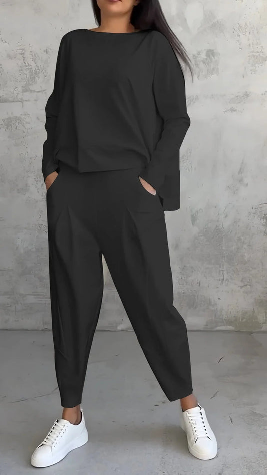 Women's Two-Piece Set – Crew Neck Top & Tapered Pants