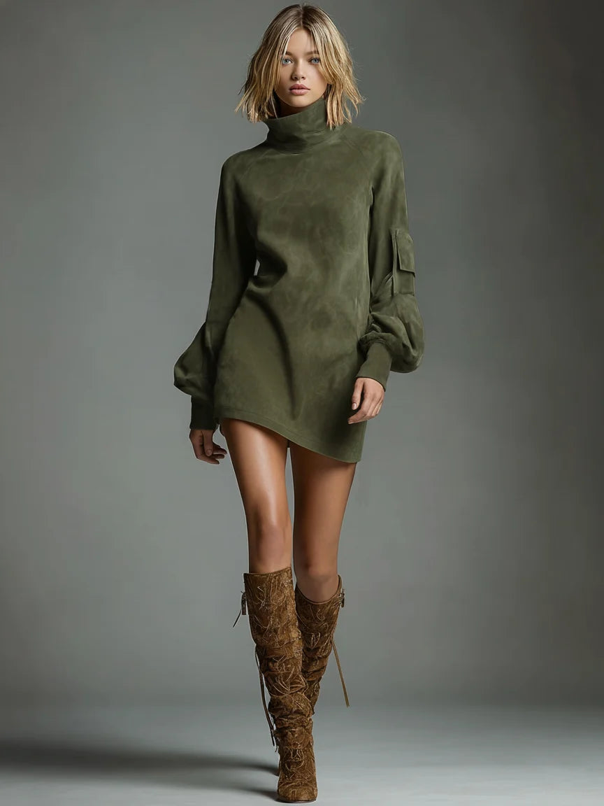 Women's High-Neck Mini Dress – Long Sleeve Straight Fit