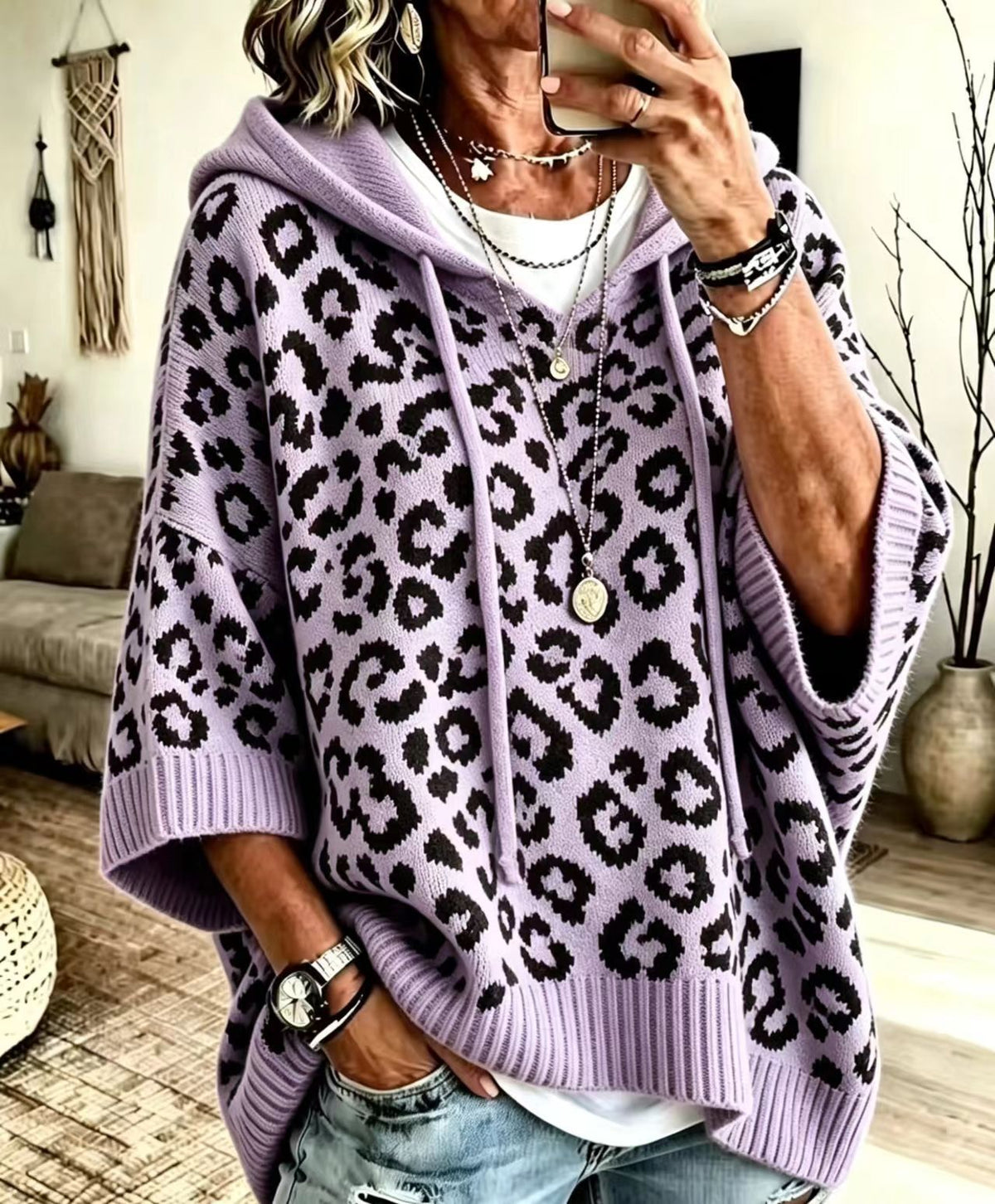 Women's Knit Hoodie – Leopard Pattern Pullover