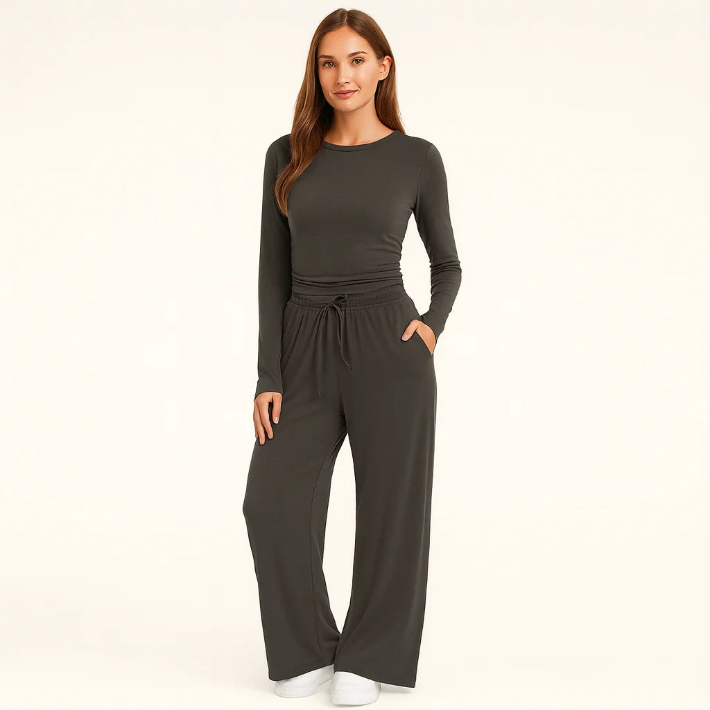 Women's Two-Piece Set – Wide-Leg Pants & Long-Sleeve Top