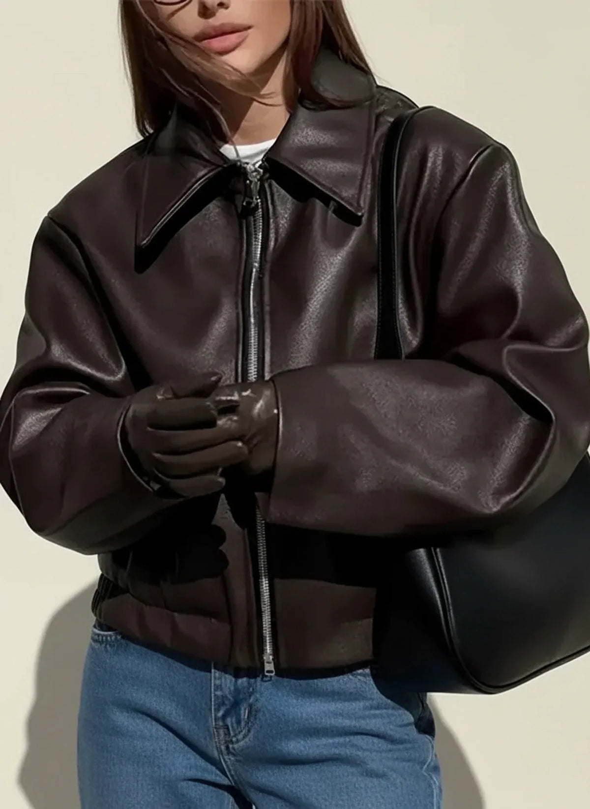 Women's Leather-Look Jacket – Relaxed Zip-Front Fit