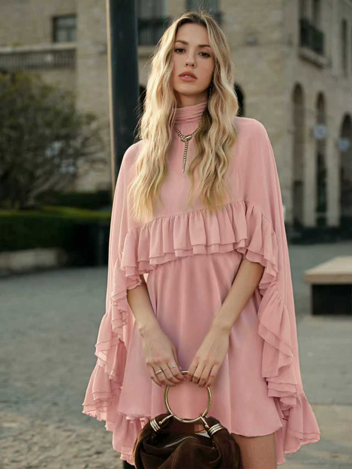Women's Chiffon Midi Dress – Ruffle Trim Relaxed Fit